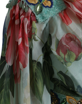 Vestido largo maxi azul con estampado floral y volantes
