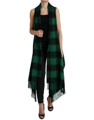 Chaqueta poncho negro con cuadros verdes tipo búfalo