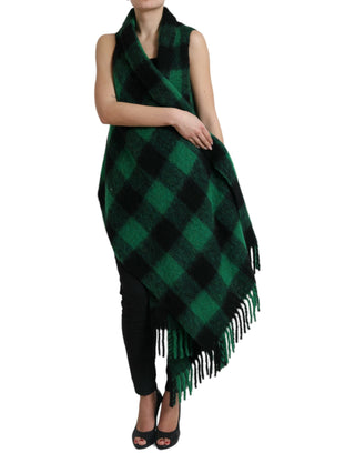 Chaqueta poncho negro con cuadros verdes tipo búfalo