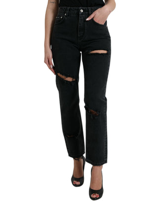 Jeans negros de algodón de talle alto con desgastes