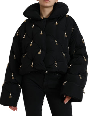 Schwarze Bomberjacke aus gestepptem Oberstoff mit Zierperlen