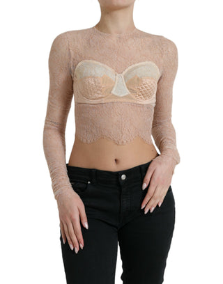 Beiges bauchfreies Bustier-Top aus Nylon mit geblümter Spitze