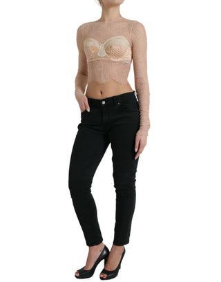 Beiges bauchfreies Bustier-Top aus Nylon mit geblümter Spitze