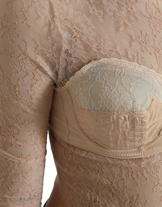 Beiges bauchfreies Bustier-Top aus Nylon mit geblümter Spitze