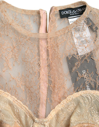 Beiges bauchfreies Bustier-Top aus Nylon mit geblümter Spitze