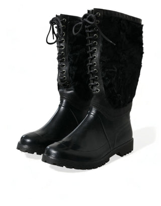Schwarze Schnürstiefel aus Gummi mit Shearling-Futter (Regenstiefel/Schuhe)