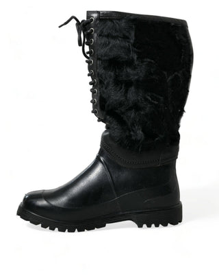 Schwarze Schnürstiefel aus Gummi mit Shearling-Futter (Regenstiefel/Schuhe)