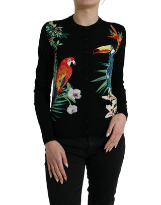 Cárdigan negro de lana con mangas largas y diseño de pájaro
