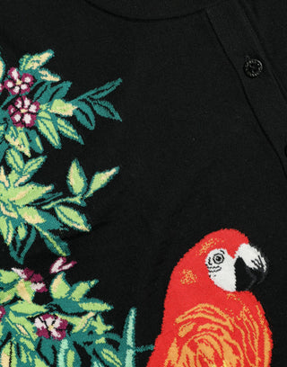 Cárdigan negro de lana con mangas largas y diseño de pájaro