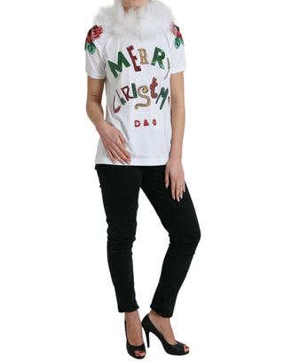 Weißes Baumwoll-Weihnachts-Pailletten-Fell-T-Shirt