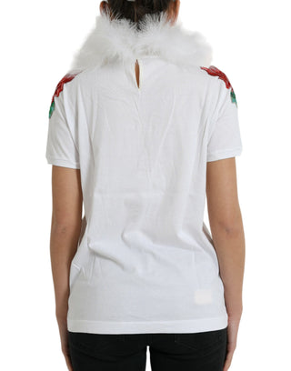 Weißes Baumwoll-Weihnachts-Pailletten-Fell-T-Shirt
