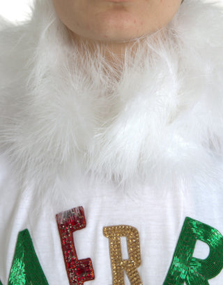 Weißes Baumwoll-Weihnachts-Pailletten-Fell-T-Shirt