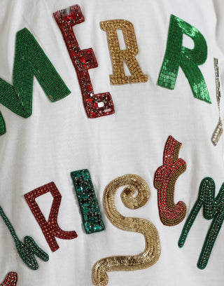 Weißes Baumwoll-Weihnachts-Pailletten-Fell-T-Shirt