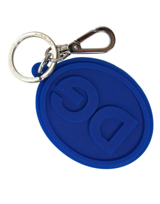 Llavero de goma azul con logo DG y metal de latón plateado