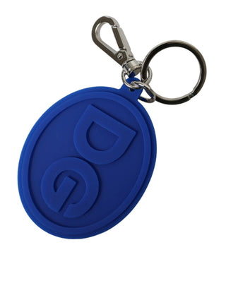 Llavero de goma azul con logo DG y metal de latón plateado