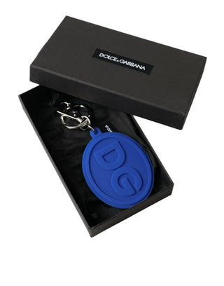 Llavero de goma azul con logo DG y metal de latón plateado