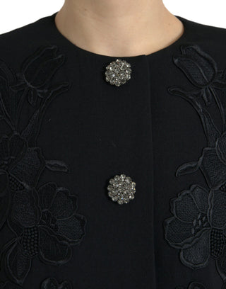 Schwarze, mit Blumen bestickte Wolljacke mit Knopfverzierungen