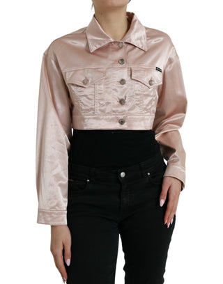 Rosa Baumwoll-Stretch-Cropped-Jacke mit Kragen