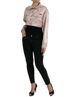 Rosa Baumwoll-Stretch-Cropped-Jacke mit Kragen