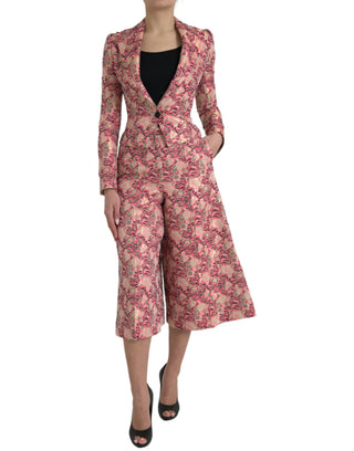 Rosa Blumenjacquard Anzug schmal geschnitten 2-teilig