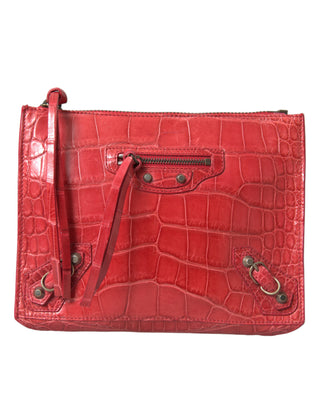 Rote Handtasche aus exotischem Leder, klassische Pochette mit Handgelenkschlaufe