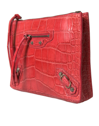 Rote Handtasche aus exotischem Leder, klassische Pochette mit Handgelenkschlaufe