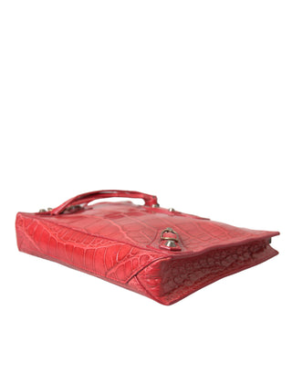 Rote Handtasche aus exotischem Leder, klassische Pochette mit Handgelenkschlaufe