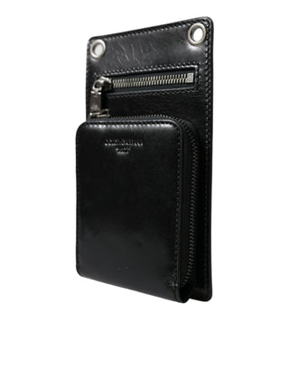 Cartera negra de cuero de caballo con cremallera y logo para teléfono cruzada