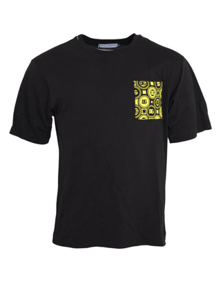 Schwarzes bedrucktes Baumwoll-T-Shirt mit Rundhalsausschnitt und Tasche