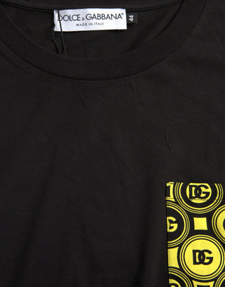 Schwarzes bedrucktes Baumwoll-T-Shirt mit Rundhalsausschnitt und Tasche