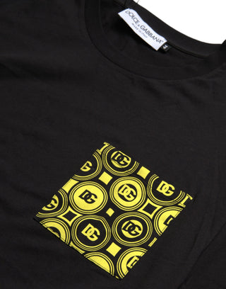 Schwarzes bedrucktes Baumwoll-T-Shirt mit Rundhalsausschnitt und Tasche
