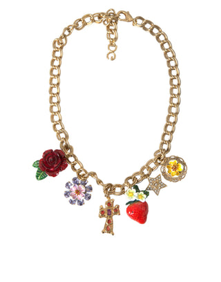 Collar con colgante de cruz rosa, fresa y estrella de cadena dorada