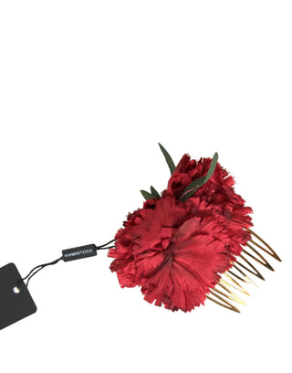 Roter Seiden-Haarkamm für Damen mit Blumenmuster und goldenem Messing
