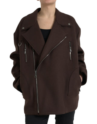 Braune Kurzjacke im Biker-Stil aus Wolle