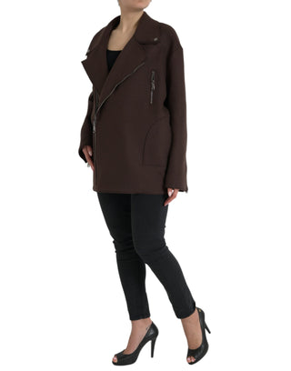 Braune Kurzjacke im Biker-Stil aus Wolle