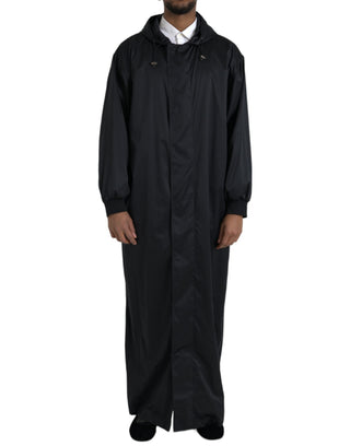 Schwarzer Kapuzen-Windbreaker-Mantel aus Polyester