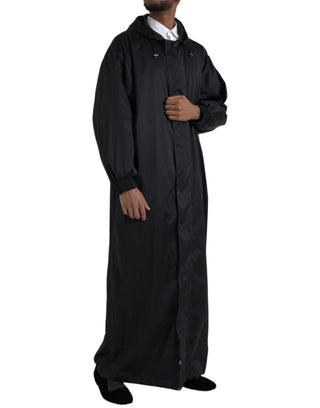 Schwarzer Kapuzen-Windbreaker-Mantel aus Polyester