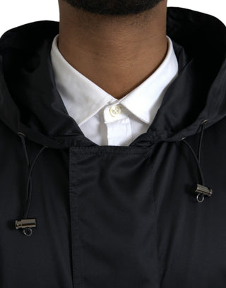 Schwarzer Kapuzen-Windbreaker-Mantel aus Polyester