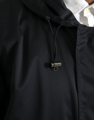 Schwarzer Kapuzen-Windbreaker-Mantel aus Polyester