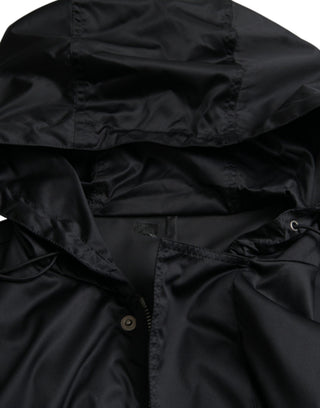 Schwarzer Kapuzen-Windbreaker-Mantel aus Polyester