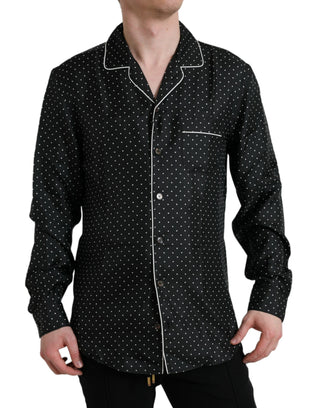 Camisa negra de seda con lunares y manga larga