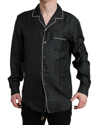 Camisa negra de seda con lunares y manga larga