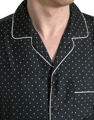 Camisa negra de seda con lunares y manga larga