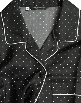Camisa negra de seda con lunares y manga larga