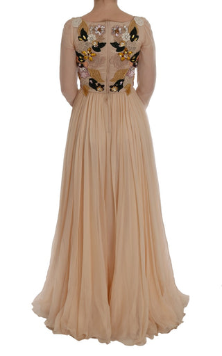 Pinkfarbenes Maxi-Abendkleid aus Seide mit Blumenstickerei und Kristallen