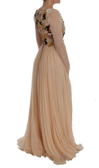 Pinkfarbenes Maxi-Abendkleid aus Seide mit Blumenstickerei und Kristallen