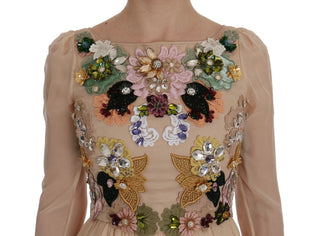Pinkfarbenes Maxi-Abendkleid aus Seide mit Blumenstickerei und Kristallen