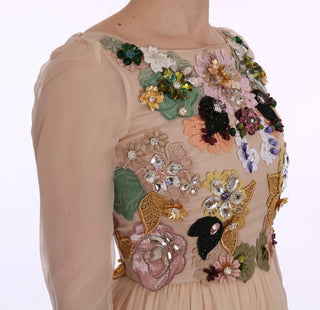 Pinkfarbenes Maxi-Abendkleid aus Seide mit Blumenstickerei und Kristallen