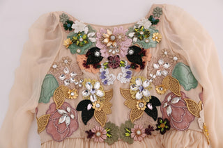 Pinkfarbenes Maxi-Abendkleid aus Seide mit Blumenstickerei und Kristallen