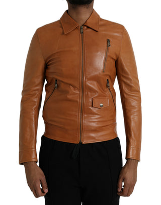 Chaqueta blusón de cuero de cordero marrón con cremallera completa